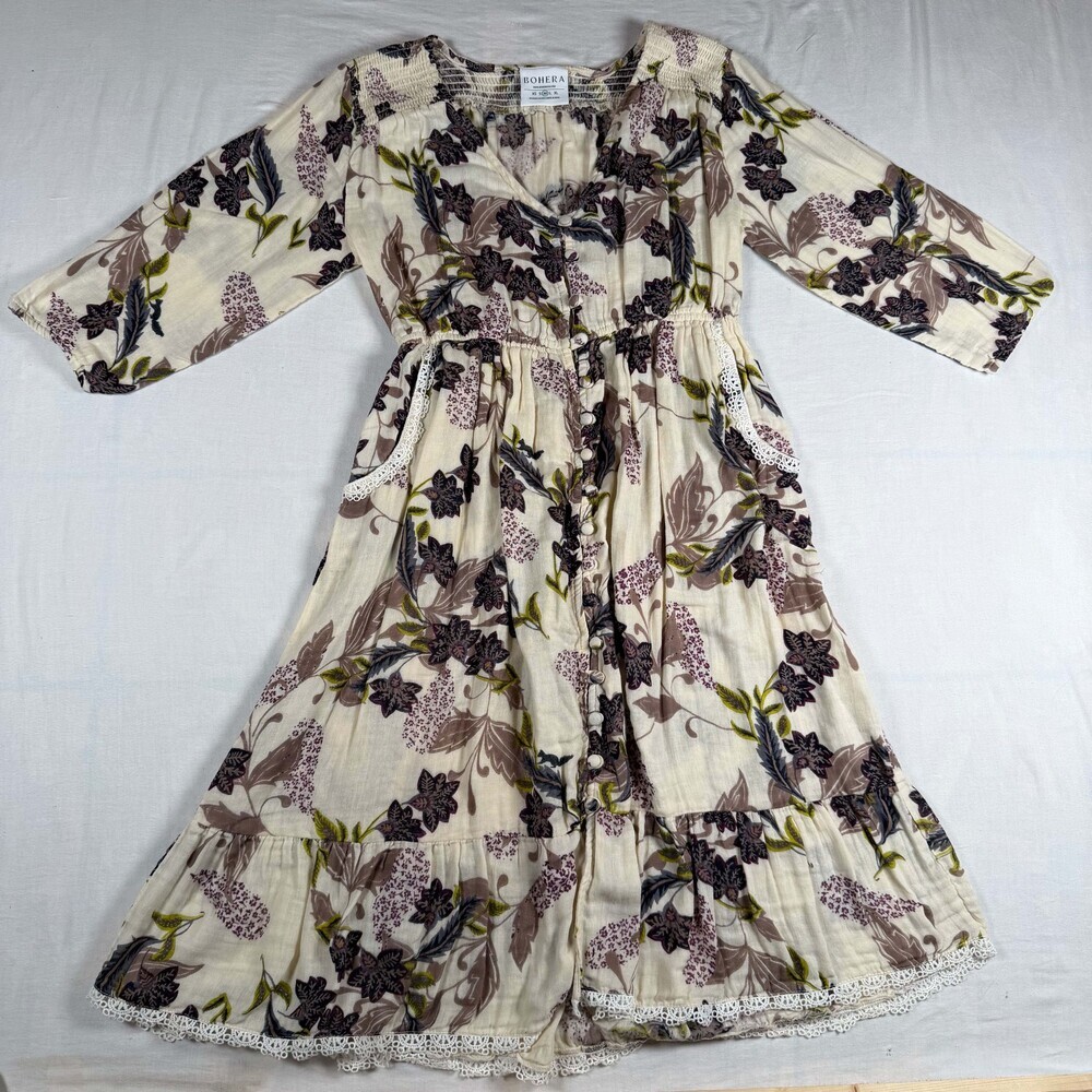 Boho Medium Cotton Floral Dress Button Front Lace Trim - Picture 1 of 8